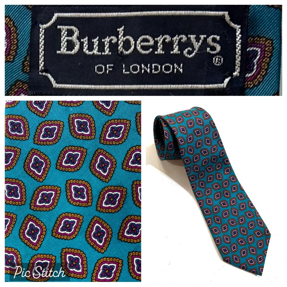 Vintage Burberrys of London Neck Tie Necktie Teal 100% Silk Hand Sewn England